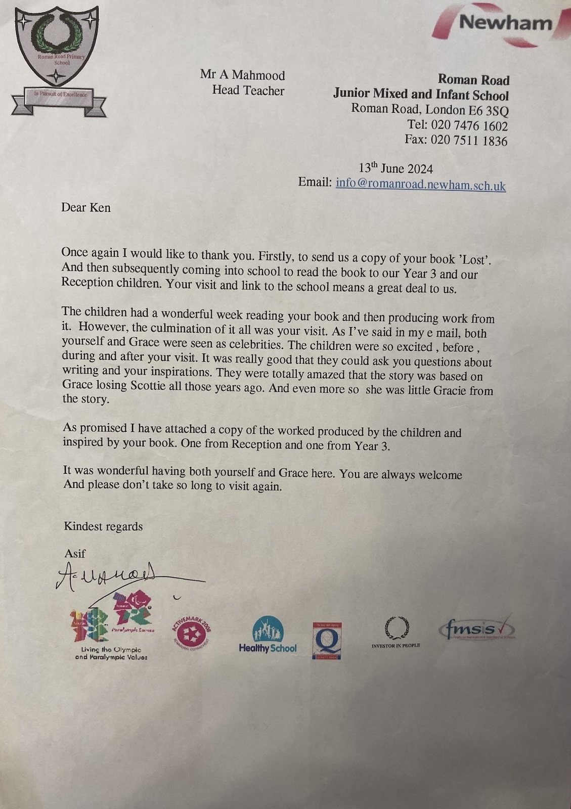 Letter from the headteacher of Roman Road Primary